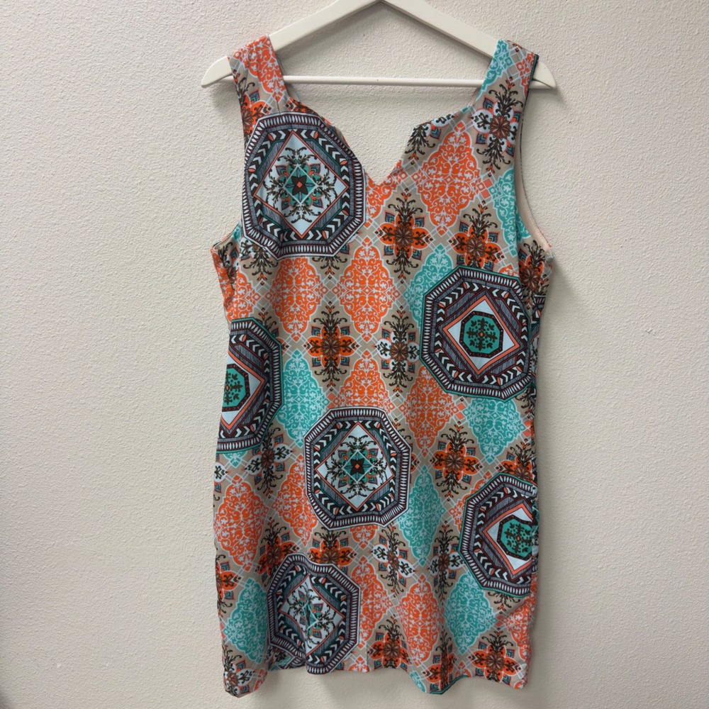 Medallion Print Shift Dress Women Size M Orange Teal V-Neck Eclectic Festival
